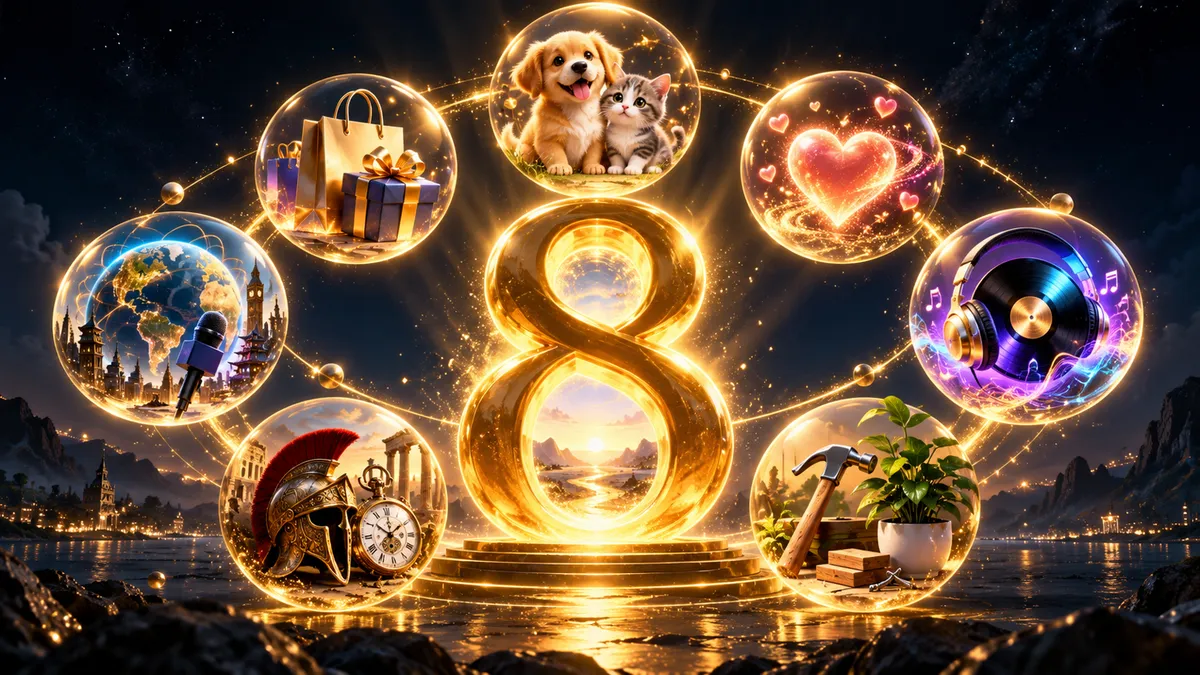 The golden 8 surrounded by the worlds of all 8Seconds channels